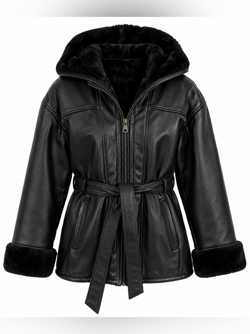 Vintage Y2k Wilsons Genuine Leather Black Faux Shearling Hooded Leather Jacket